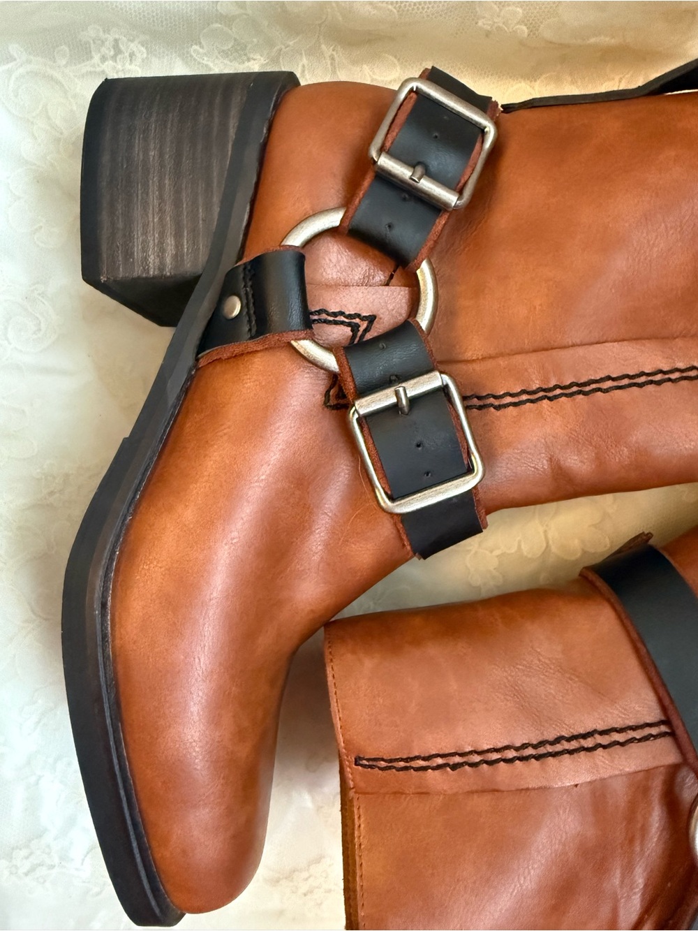 SOLD BEAST FASHION Tan/Brown Faux Cognac Leather with Moto Straps Western NWOT - Picture 6 of 11